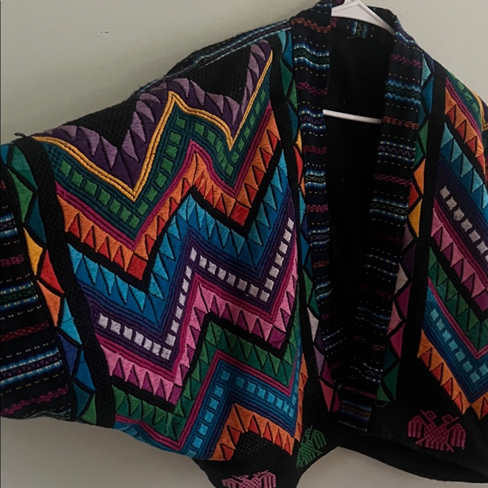 Rainbow Tribal Warrior VTG embroidered cropped geometric bolero jacket Guatemala